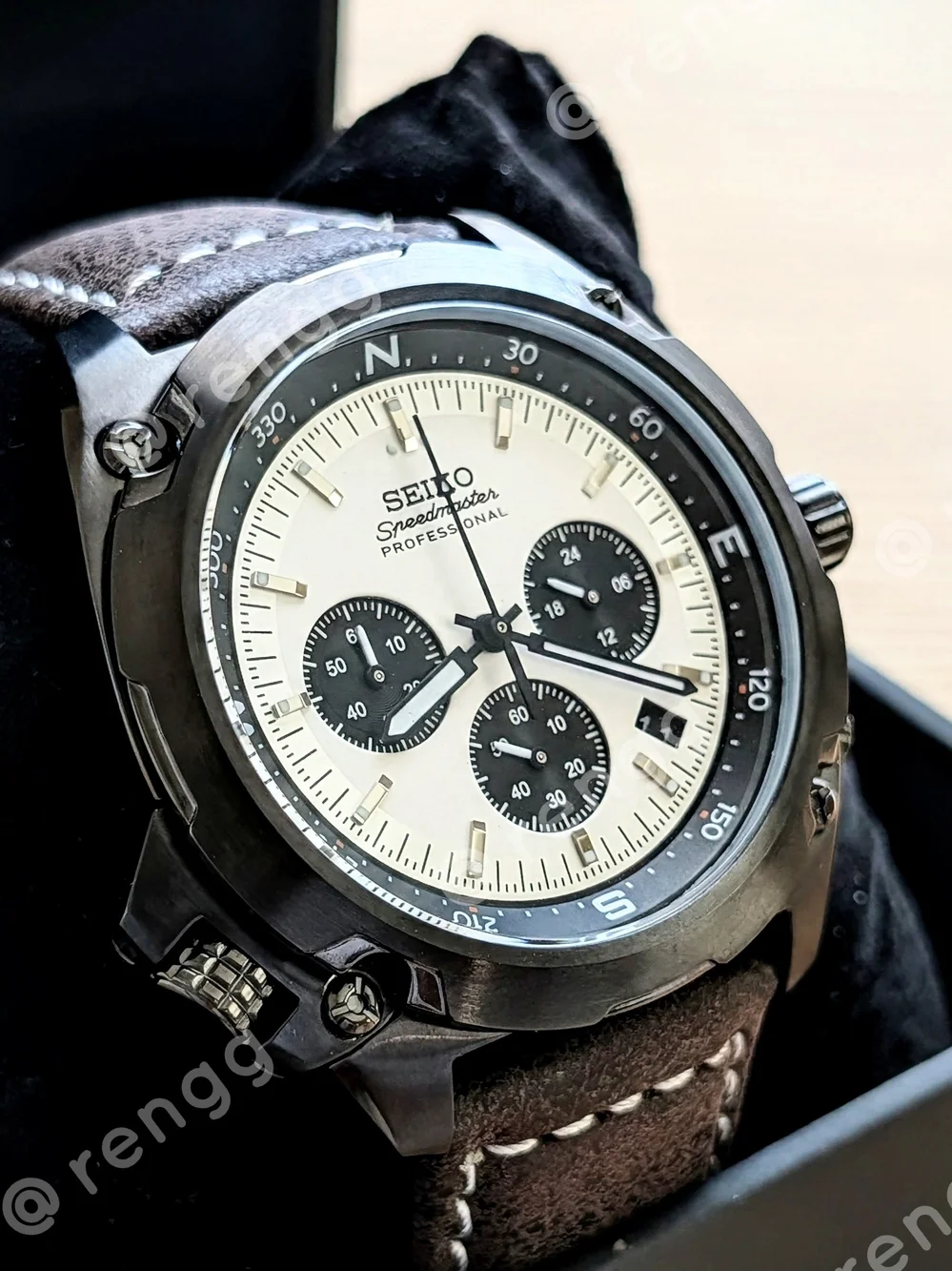 45mm Seiko Men's White Dial Panda Chronograph Mod Watch Compass Inner Ring